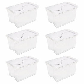 STERILITE 19148006 48 Quart/45 Liter Hinged Lid Storage Box, Clear with White Lid, 6-Pack
