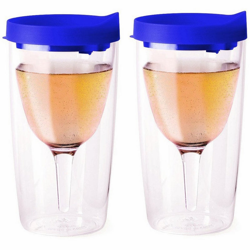 Vino2Go Double Wall Acrylic Tumbler with Double Blue Lids, 10 oz, Pack of 2
