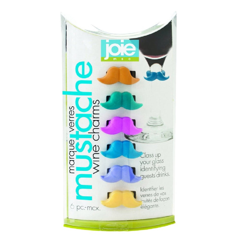 Joie Mustache Wine Charms - 6 Piece Set,1 Orange, 1 Pink, 1 Teal, 1 Blue, 1 Purple, 1 Yellow