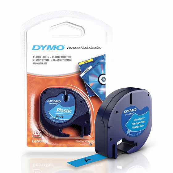 DYMO LetraTag Labeling Tape for LetraTag Label Makers, Black print on Blue plastic tape, 1/2'' W x 13' L, 1 roll (91335)