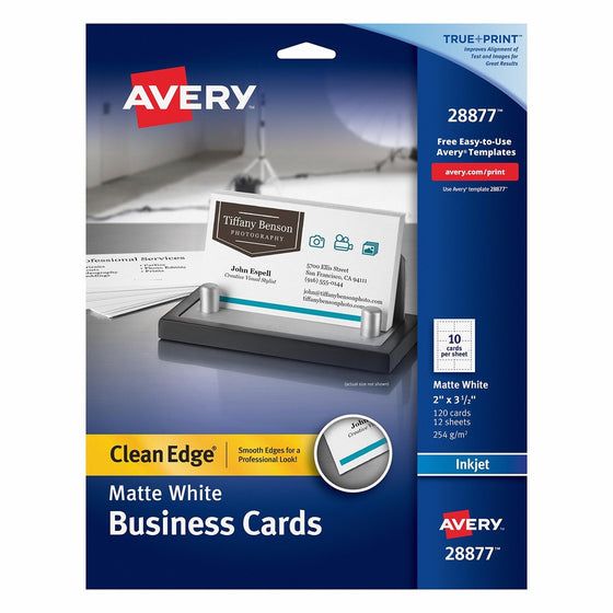 Avery Two-Side Printable Clean Edge Business Cards for Inkjet Printers, White, Matte, Pack of 120 (28877)