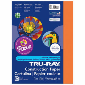 Pacon Tru-Ray Construction Paper, 9-Inches by 12-Inches, 50-Count, Orange (103002)