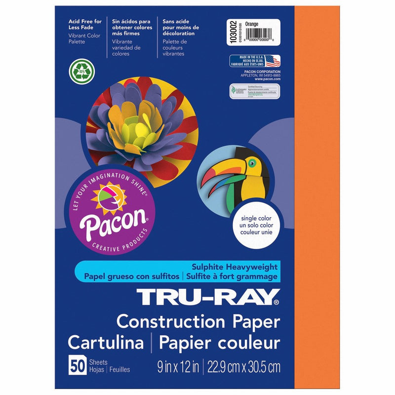 Pacon Tru-Ray Construction Paper, 9-Inches by 12-Inches, 50-Count, Orange (103002)