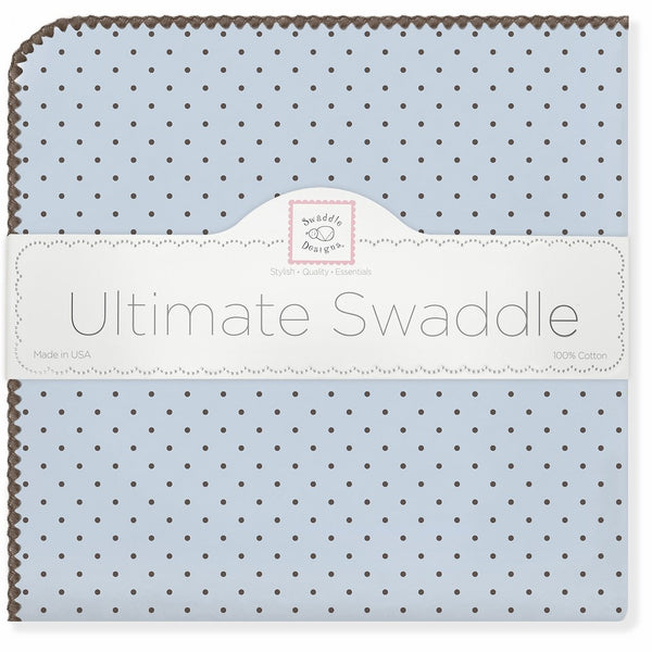 SwaddleDesigns Ultimate Swaddle Blanket, Made in USA Premium Cotton Flannel, Brown Polka Dots on Pastel Blue