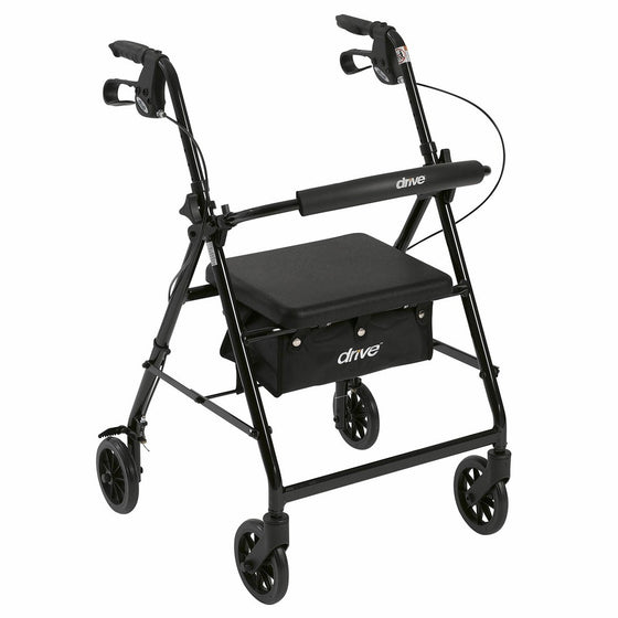 Drive Medical Aluminum Rollator Walker Fold Up and Removable Back Support, Padded Seat, 6" Wheels, Black