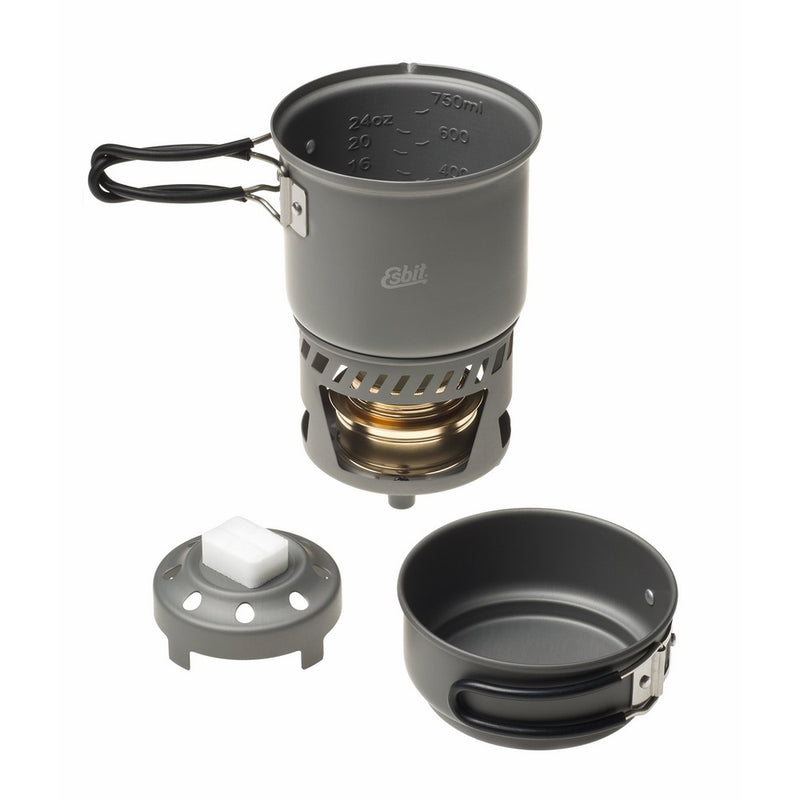 Esbit CS985HA 5-Piece Lightweight Trekking Cook Set with Brass Alcohol Burner Stove and 2 Anodized Aluminum Pots