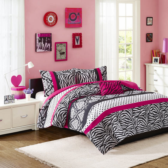 Mi-Zone Reagan Comforter Set Full/Queen Size - Pink, Zebra Polka Dot – 4 Piece Bed Sets – Ultra Soft Microfiber Teen Bedding For Girls Bedroom