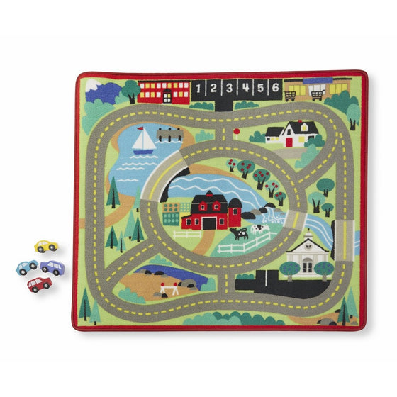 Melissa & Doug Round the Town Road Rug and Car Activity Play Set With 4 Wooden Cars (39 x 36 inches)