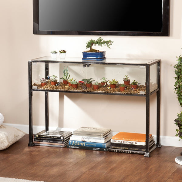 Southern Enterprises Terrarium Display Media Console, Black with Silver Distressed Finish