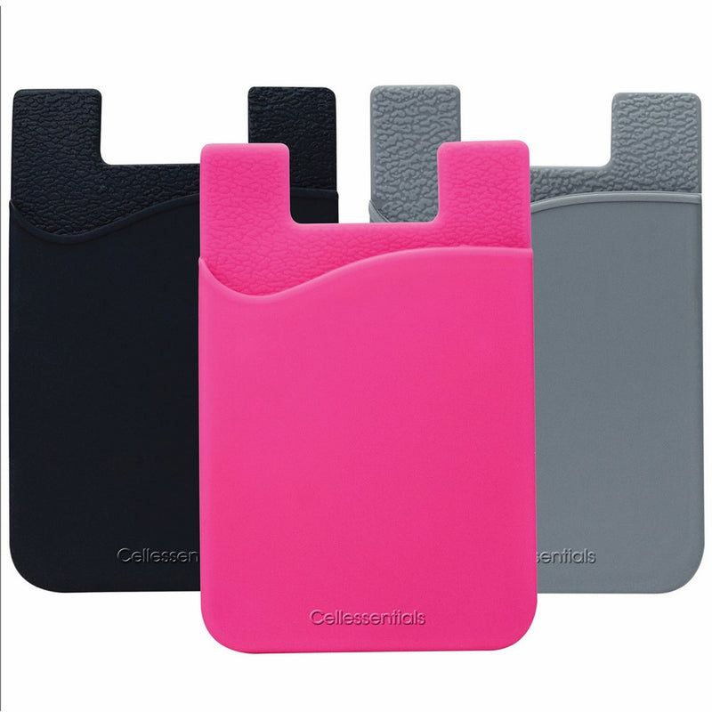 Cell Phone Wallet by Cellessentials: (For Credit Card & Id) | Works with almost every phone | Iphone, Android & Most Smartphones | 3 Pc Pack (Black, Grey & Pink)