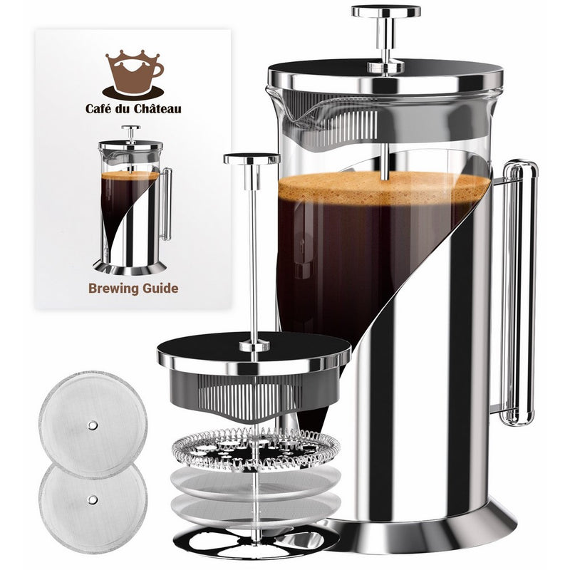 French Press Coffee Maker (8 cup, 34 oz) With 4 Level Filtration System, 304 Grade Stainless Steel, Heat Resistant Borosilicate Glass by Cafe Du Chateau
