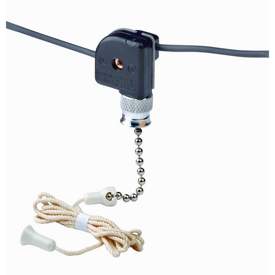 Leviton 10097-8 Pull Chain Switch, Single Pole On-Off; 1A-125V T, 3A-125V, 1A-250V; With Two 6 Inch Black Leads 18 Awg Awm Tew 105C 600V, Stripped 1/2 Inch