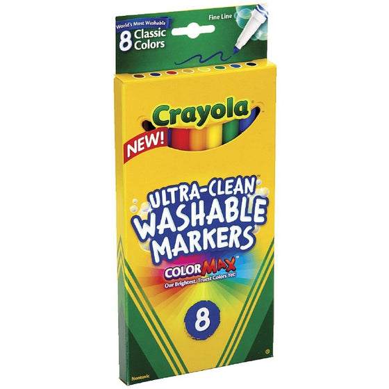 Crayola Ultra-Clean Washable Markers, Color Max, Fine Line Classic Colors 8 Ea (Pack of 18)