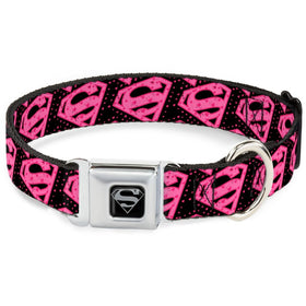 Buckle Down Seatbelt Buckle Dog Collar - Diagonal Superman Logo w/Hearts Black/Pink - 1" Wide - Fits 15-26" Neck - Large