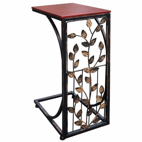 Sofa Side and End Table, Small - Metal, Dark Brown Wood Top With Leaf Design - Perfect for Your Living Room, Slides Up To Sofa/Chair/Recliner - Keep Snacks, Drinks Books & Phone At Easy Reach