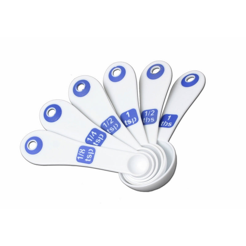 Chef Craft 21460 6-Piece Plastic Measuring Spoons, White with Blue, 4-1/2-Inch