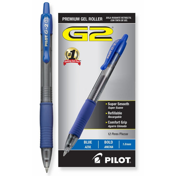 Pilot G2 Retractable Premium Gel Ink Roller Ball Pens Bold Pt (1.0) Dozen Box Blue; Retractable, Refillable & Premium Comfort Grip; Smooth Lines to the End of the Page, America's #1 Selling Pen Brand