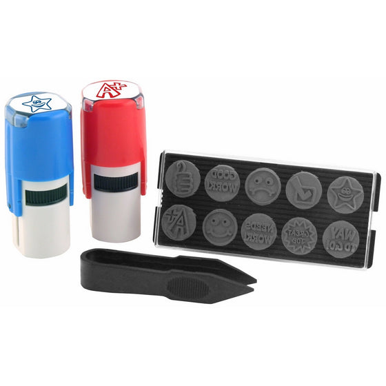 Stamp-Ever 10-In-1 Teachers Stamp Kit, Stamp Impression Size: 5/8-Inch Diameter, Blue/Red (4630)