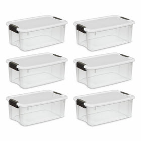 STERILITE 19849806 18 Quart/17 Liter Ultra Latch Box, Clear with a White Lid and Black Latches, 6-Pack