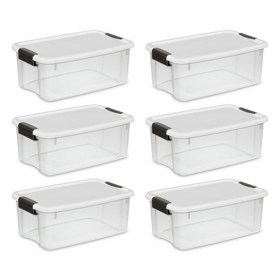 STERILITE 19849806 18 Quart/17 Liter Ultra Latch Box, Clear with a White Lid and Black Latches, 6-Pack