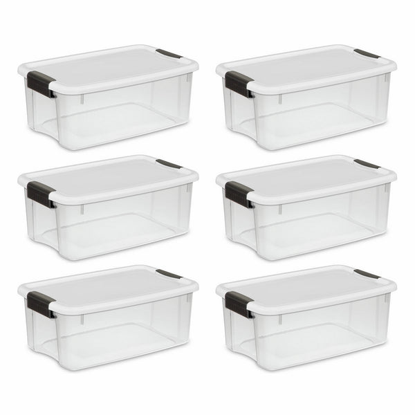 STERILITE 19849806 18 Quart/17 Liter Ultra Latch Box, Clear with a White Lid and Black Latches, 6-Pack