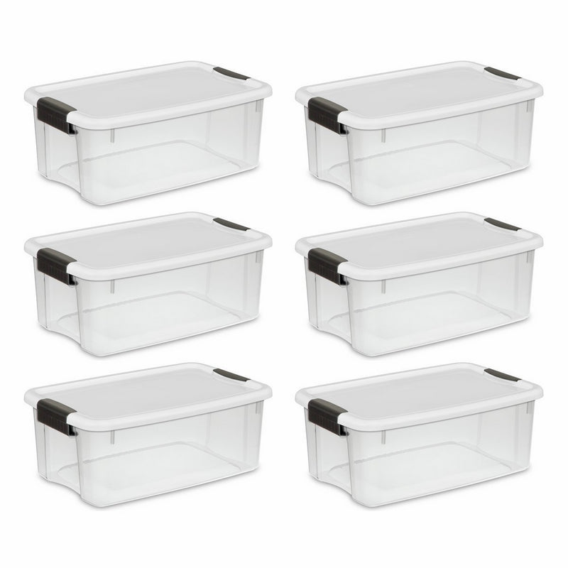 STERILITE 19849806 18 Quart/17 Liter Ultra Latch Box, Clear with a White Lid and Black Latches, 6-Pack