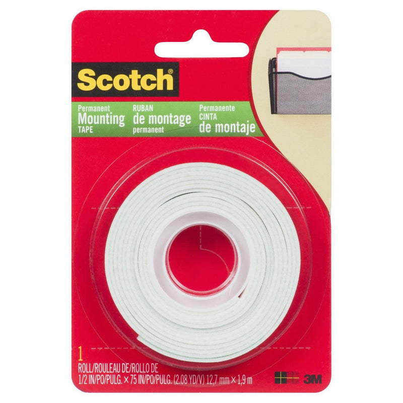 3M 110-3M Scotch 110- Indoor Mounting Tape, 1/2-inch x 75-inches, White, 1-Roll (110)
