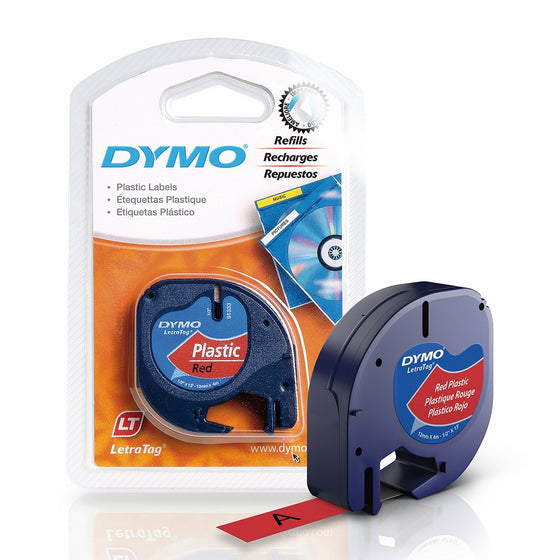 DYMO LetraTag Labeling Tape for LetraTag Label Makers, Black print on Red Plastic tape, 1/2'' W x 13' L, 1 roll (91333)