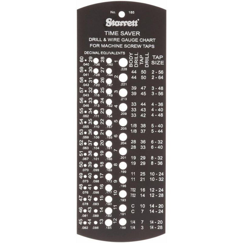 Starrett 185 Time-Saver Tap and Drill Gage, 2-56 to 1/4-28 Tap Size Range