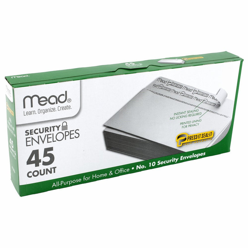 Mead #10 Envelopes, Security, Press-it Seal-it, 4-1/8" X 9-1/2", White, 45 Per Box (75026)