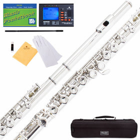Mendini MFE-S Silver Plated Closed Hole C Flute  Case, Tuner, Stand, Cleaning Rod & Cloth, Grease, & Gloves