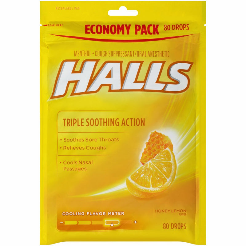 HALLS Honey Lemon Flavor Menthol Drops 80 ct. Bag Triple Soothing action