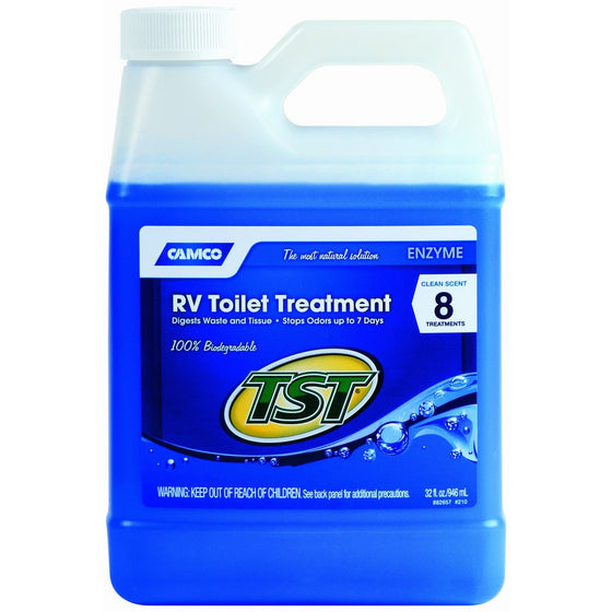 Camco TST Clean Scent RV Toilet Treatment, Formaldehyde Free, Breaks Down Waste And Tissue, Septic Tank Safe, Treats up to 8-40 Gallon Holding Tanks (32 Ounce Bottle)