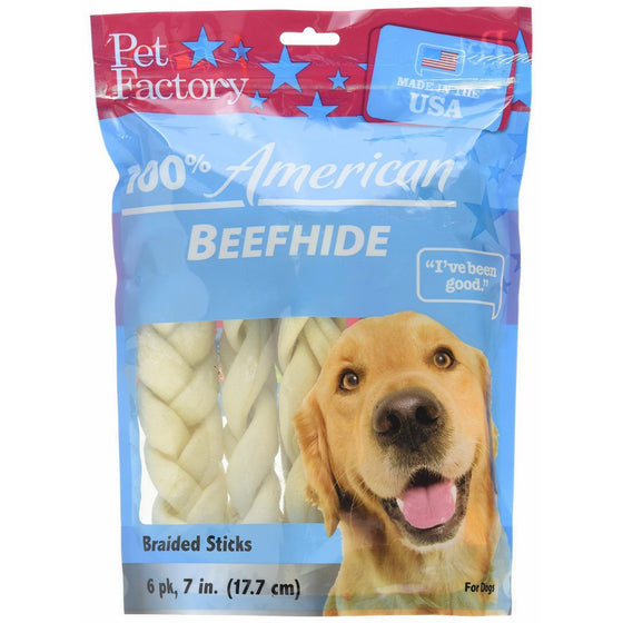 Pet Factory 78105 100% American Beefhide 7-8 inch Braided Rawhide Sticks for Dogs. Made in USA 6 Pack