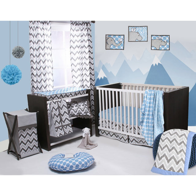 Ikat Blue/Grey 4 Crib Set with 2 Muslin Blankets