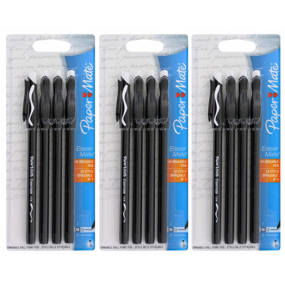 Papermate Erasermate Medium Point (1.0 mm) Black Erasable Ballpoint Pens (Pack of 12 Pens)