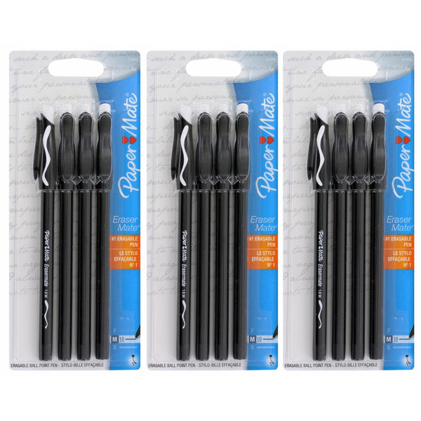 Papermate Erasermate Medium Point (1.0 mm) Black Erasable Ballpoint Pens (Pack of 12 Pens)