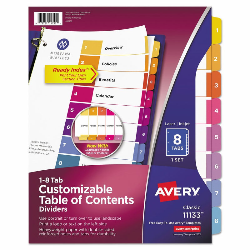 Avery Ready Index Table of Contents Dividers, 8-Tab Set, 1 Set (11133)