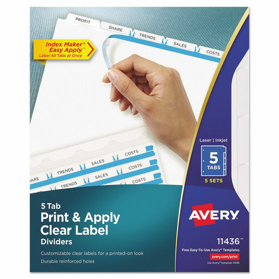 Avery 11436 Print & Apply Clear Label Dividers w/White Tabs, 5-Tab, Letter (Pack of 5 Sets)