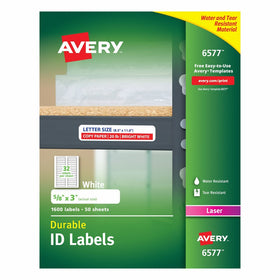 Avery Durable White Cover Up ID Labels for Laser Printers, 0.625" x 3", Pack of 1600 (6577)