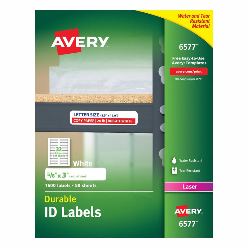 Avery Durable White Cover Up ID Labels for Laser Printers, 0.625" x 3", Pack of 1600 (6577)