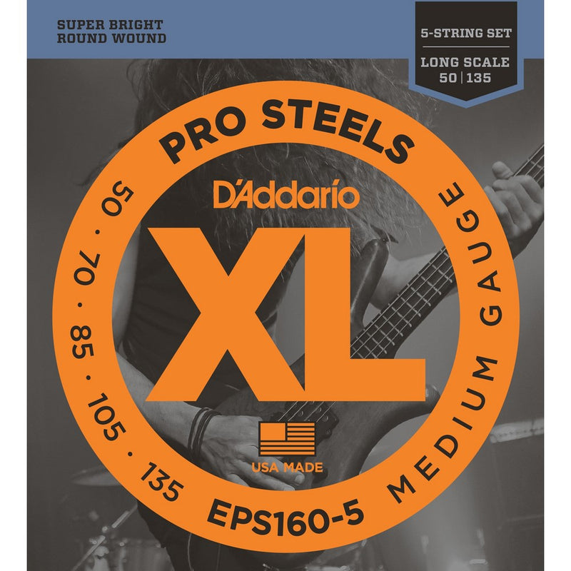 D'Addario EPS160-5 5-String ProSteels Bass Guitar Strings, Medium, 50-135, Long Scale
