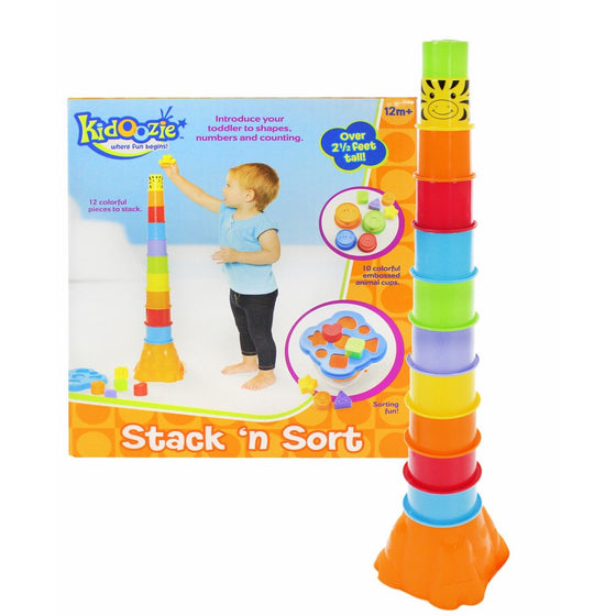 Kidoozie Stack 'n Sort Toy – 12 Colorful Pieces to Stack and 5 Shapes to Sort