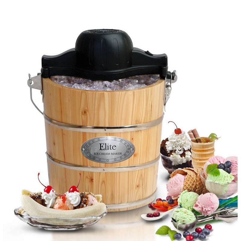 Elite Gourmet EIM-502 4 quart Old-Fashioned Ice Cream Maker with electric motor and hand crank, maple