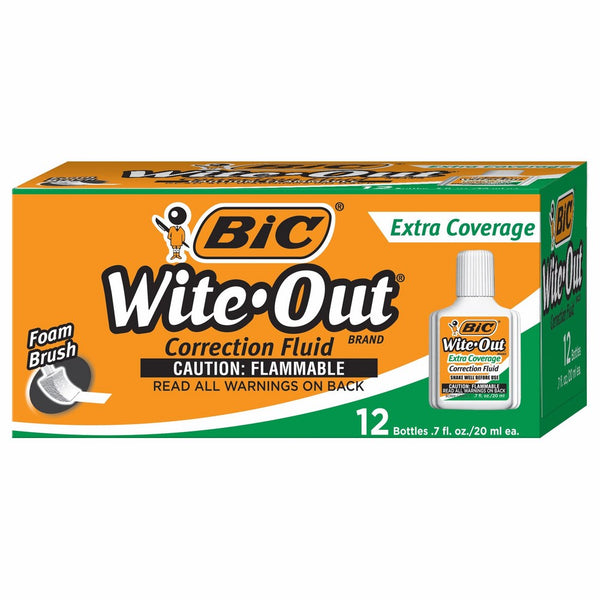 BIC Wite-Out Extra Coverage Correction Fluid, White, 12 Correction Fluids