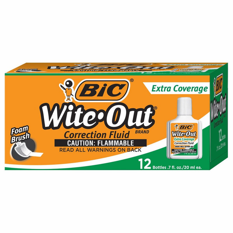 BIC Wite-Out Extra Coverage Correction Fluid, White, 12 Correction Fluids