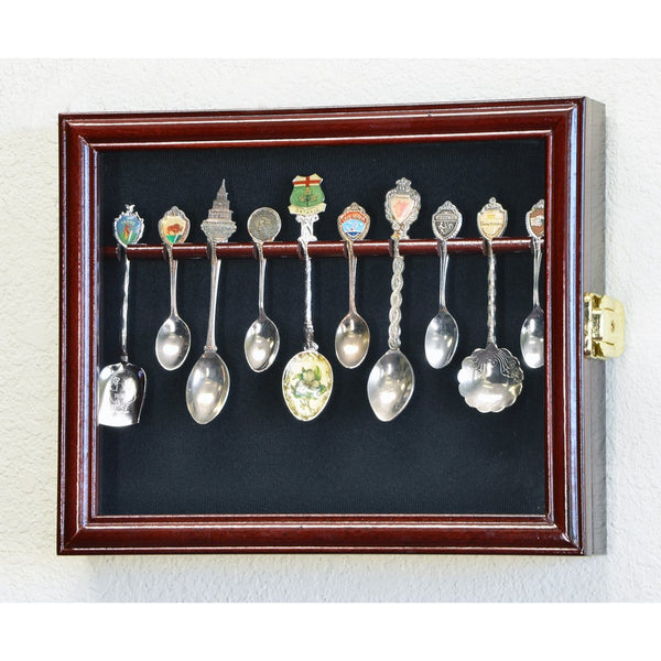10 Spoon Display Case Cabinet Wall Mount Rack Holder w/98% UV Protection Lockable, Cherry