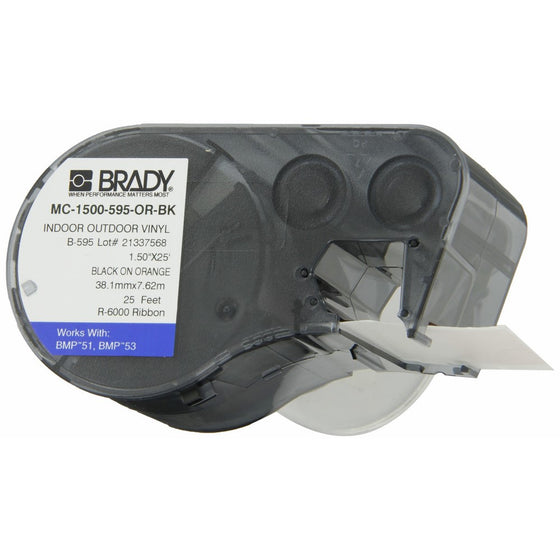 Brady MC-1500-595-OR-BK Vinyl B-595 Black on Orange Label Maker Cartridge, 25' Width x 1-1/2" Height, For BMP51/BMP53 Printers