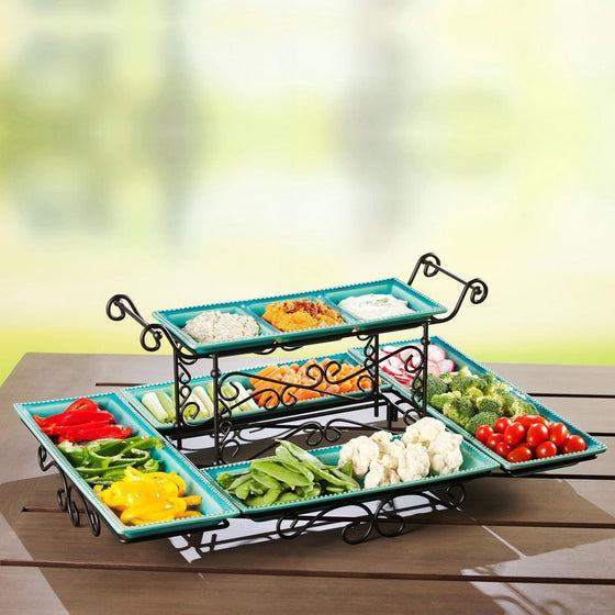 Gourmet Buffet Server with Steel Frame and Six Stoneware Platters (Blue)