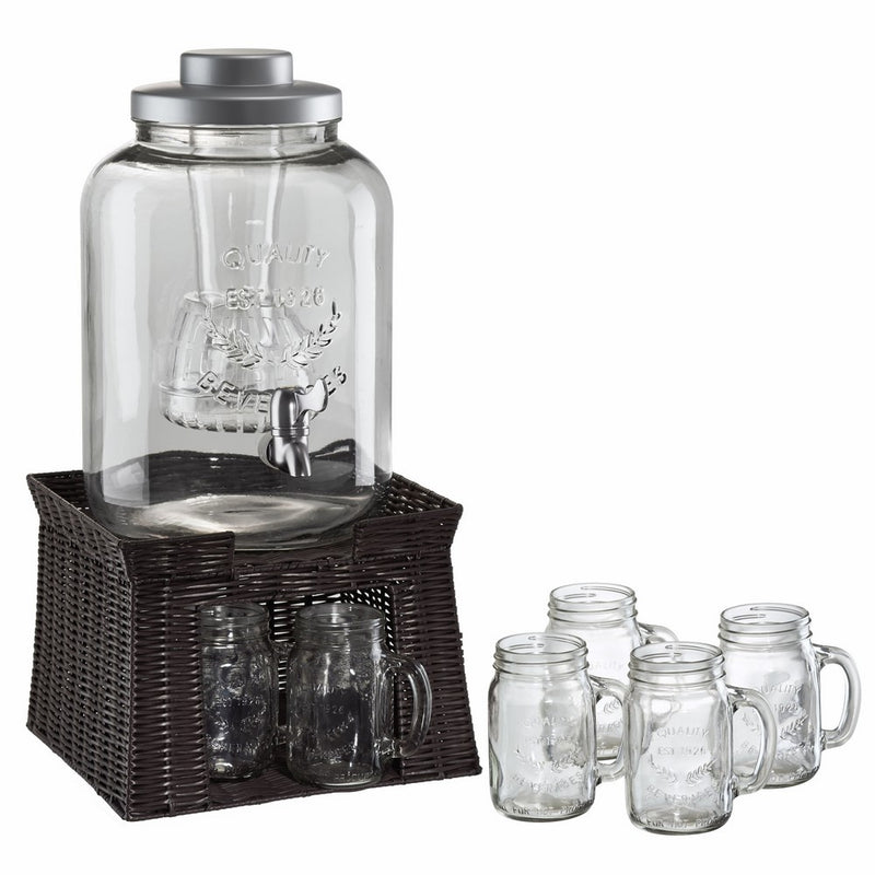 Artland Masonware Beverage Jar with Chiller and Infuser, 6 Mason Jars, Faux Wicker Stand